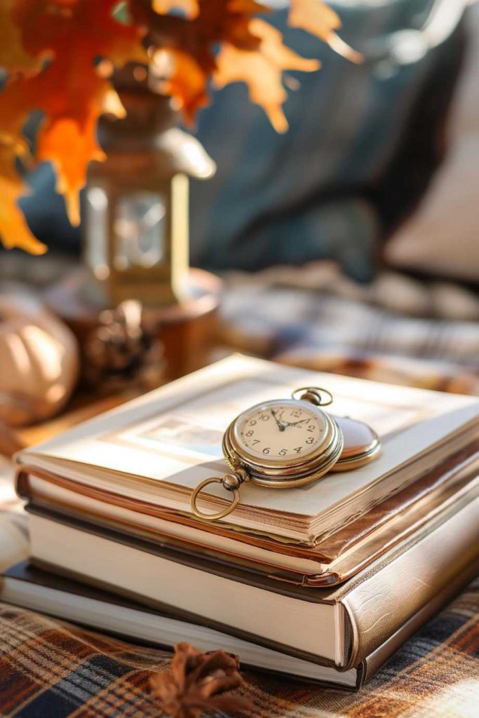 An ornate pocket watch and a stack of faded leather-bound books and journals add a nostalgic touch to fall coffee table decor and showcase favorite memories.