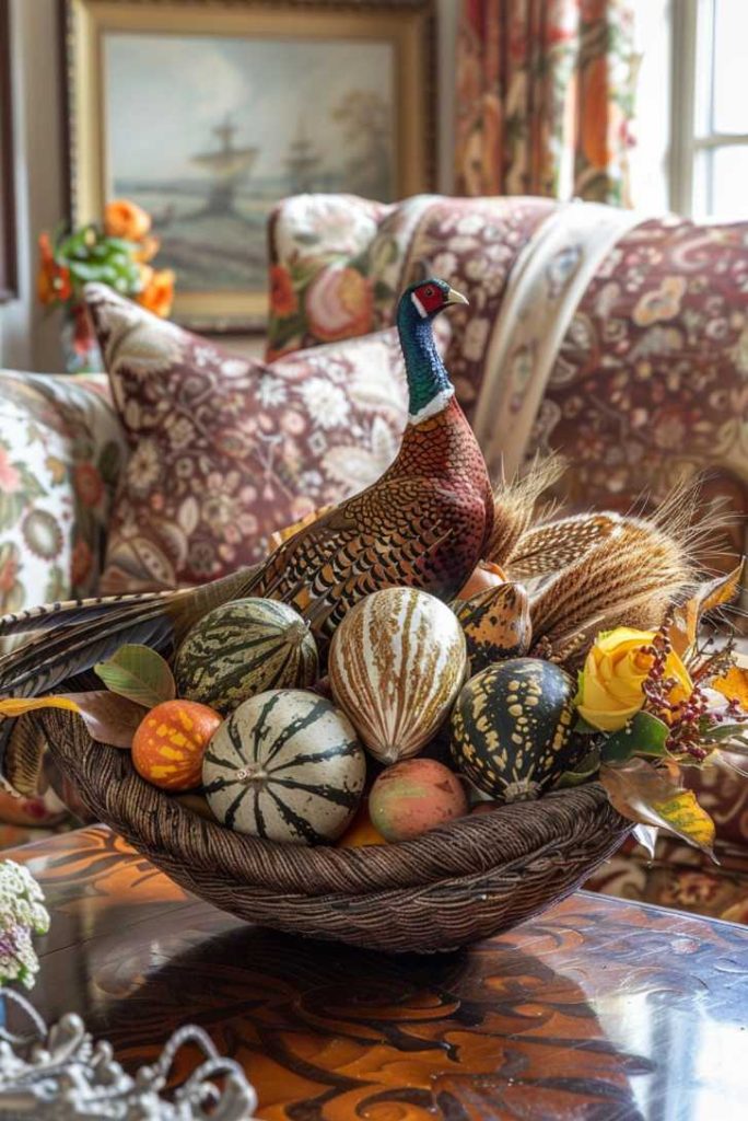 A cornucopia full of faux pumpkins, corn husks and pheasant feathers captures the richness and bounty of the fall harvest, topped with a pheasant figurine to complete the ensemble.