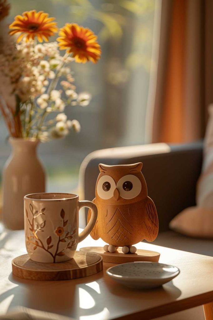 Floral patterns in fall colors on a saucer and mug accompany a small, carved wooden owl, combining delicate flowers with forest fauna.