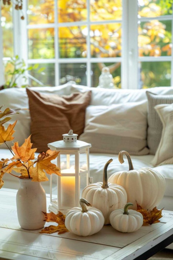 An arrangement of white pumpkins of varying sizes, lit by a soft white lantern, surrounded by maple leaves in a vase and scattered around the pumpkins.