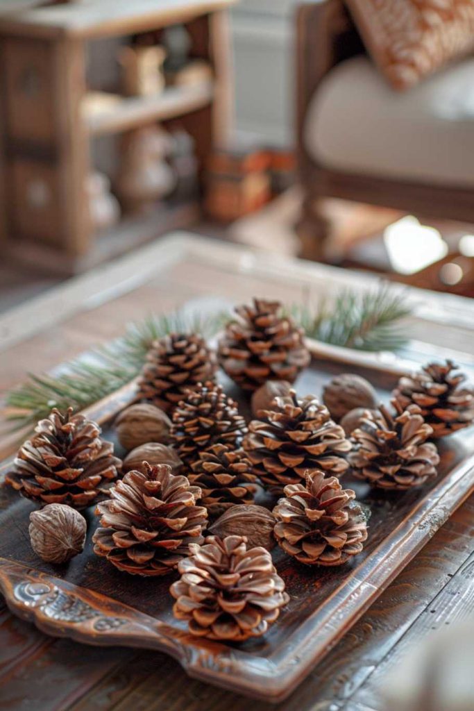 Mahogany-colored pine cones and walnut shells are arranged on a vintage wooden tray, showcasing rich chocolate tones that evoke the natural beauty of fall.