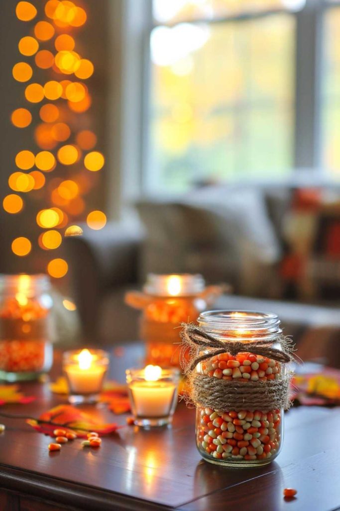 Twine-wrapped mason jars filled with corn kernels accompanied by tea lights add a charming DIY touch to fall coffee table decor.