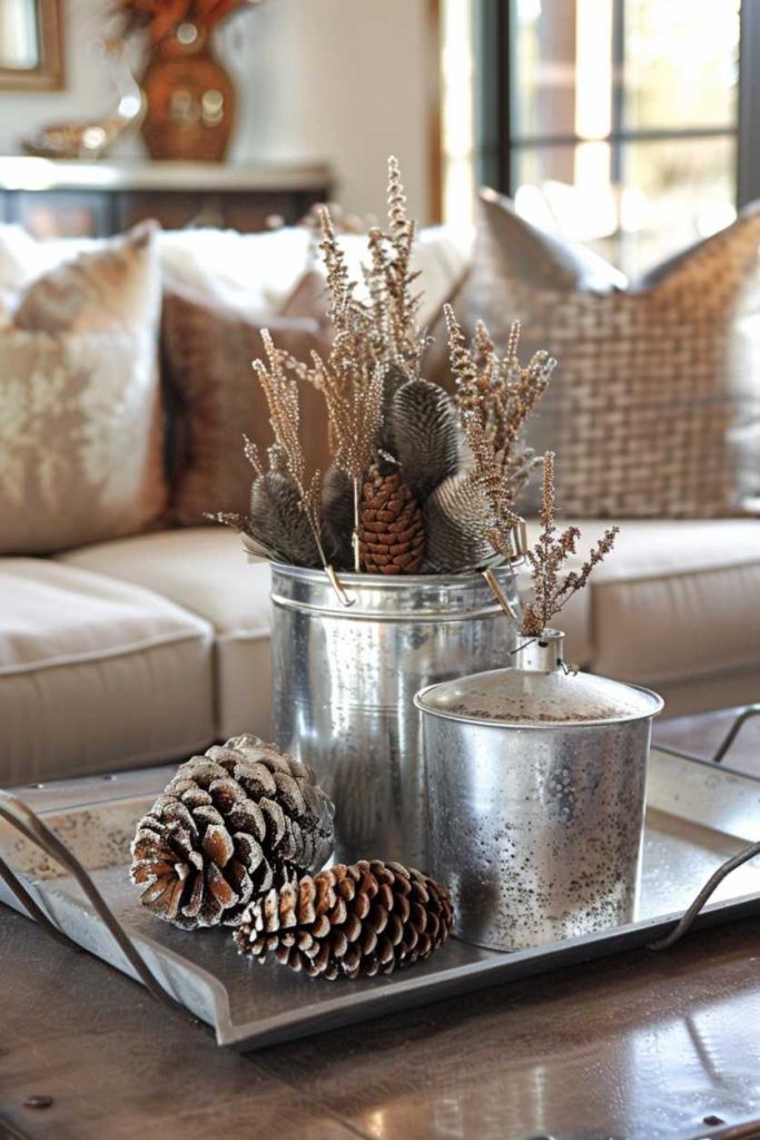 Galvanized metal container filled with various small flowers and pods arranged on a metal tray. Pine cones complement the industrial look.