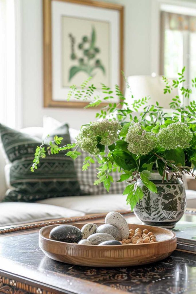 Vintage botanical prints paired with fresh greenery and a wooden tray with pebbles and wooden beads create a versatile and botanically inspired arrangement.