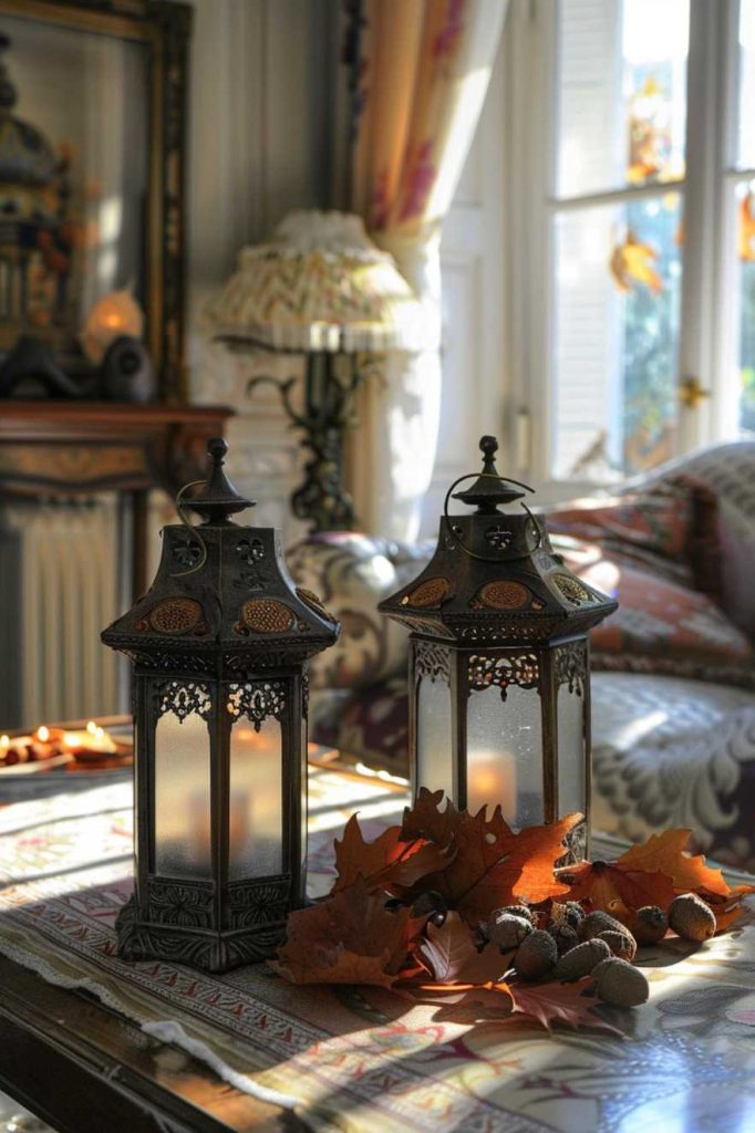 Ornate lanterns cast patterns of light and shadow, illuminating a scene of acorns and amber leaves.