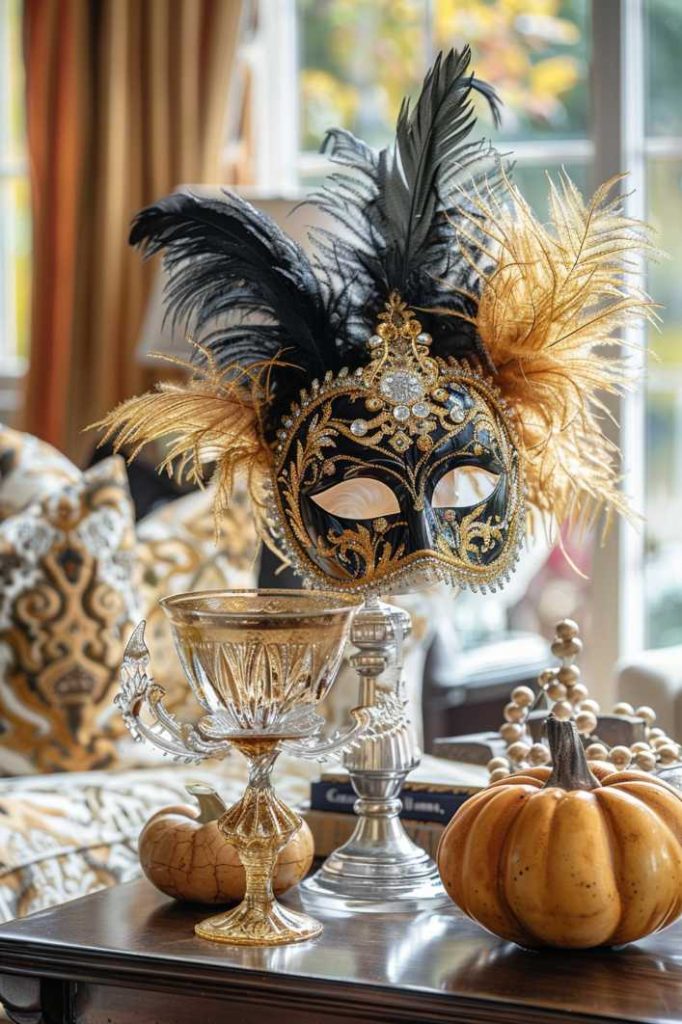 An elegantly feathered masquerade mask lies next to an opulent chalice, adding mysterious magic to a table decorated with autumn decorations.