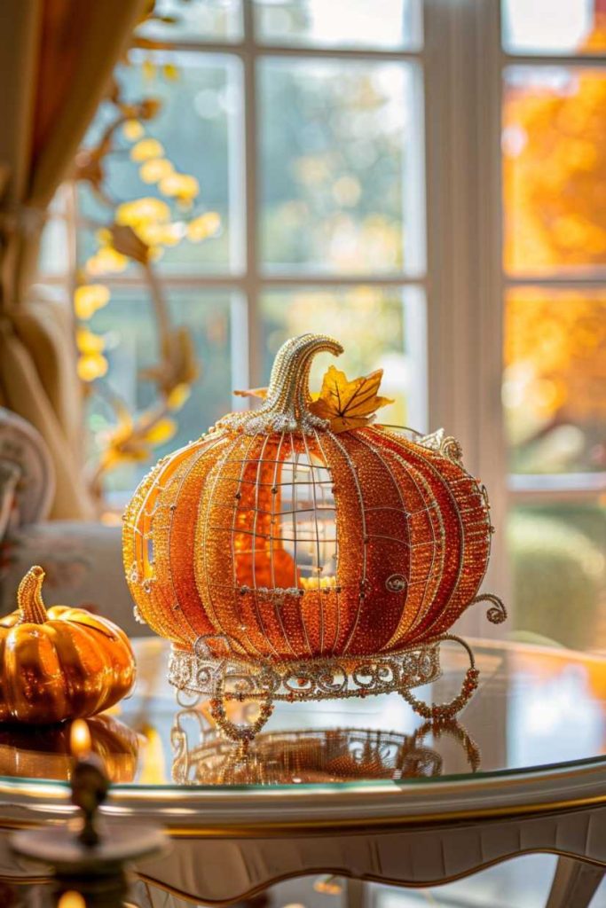 A bizarre pumpkin carriage made of wire and beads takes the imagination into a land of fairytale autumn fantasies. Keep the colors in a fall palette to ensure you feel the spirit of the season.