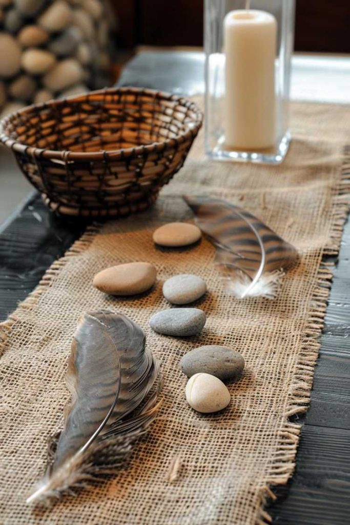 A chunky burlap runner contrasted with smooth river rocks and delicate feather trimmings forms a richly textured visual narrative.