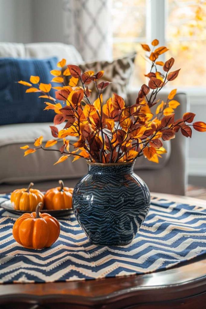 Chevron patterned throw blanket on a coffee table surrounded by fall branches and ceramic pumpkins.