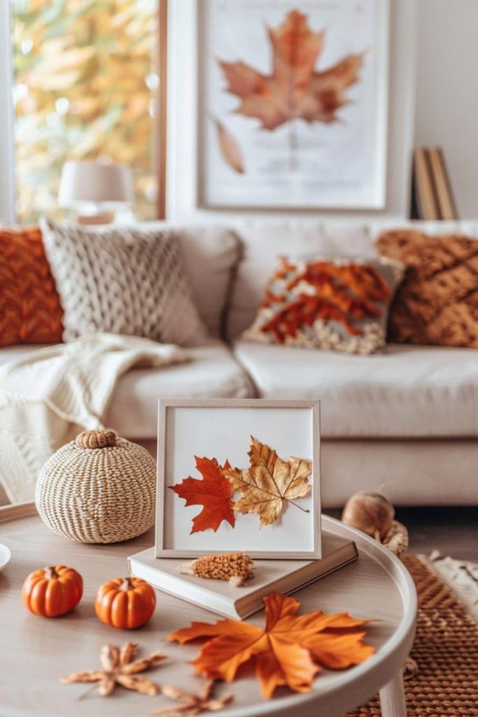 Pressed and framed fall leaves serve as both wall art and table centerpieces, surrounding a cozy scene with warm fall vibes.