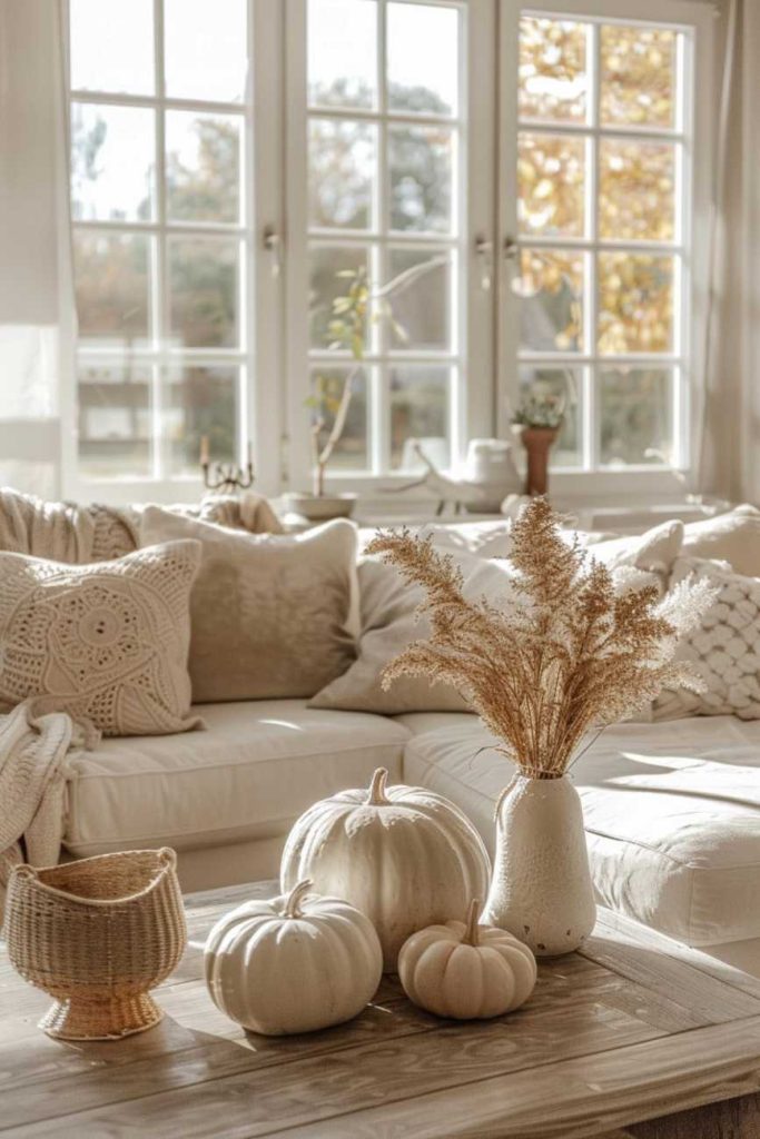 Scandinavian-inspired, minimalist decor meets fall with clean lines, neutral colors, and a single, eye-catching ceramic pumpkin.