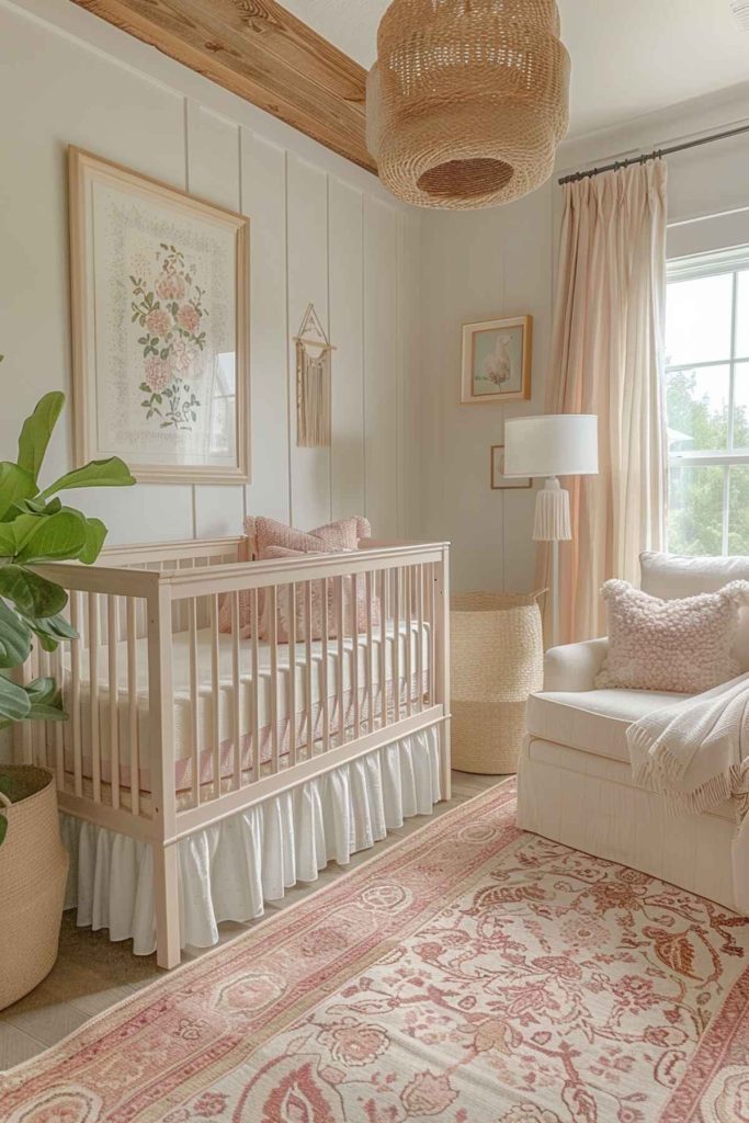 a children's room with a small cot surrounded by light curtains and touches of pink