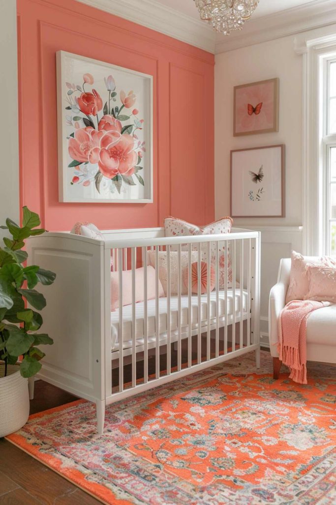 a children's room with a coral wall accented by contrasting accessories