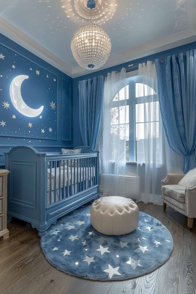 a nursery with twilight blue walls and touches of pretty silver stars