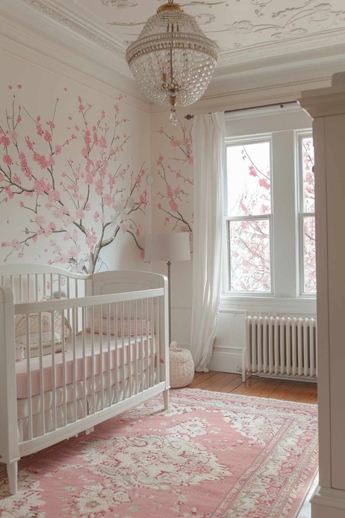 a child's room with walls decorated with cherry blossom stickers