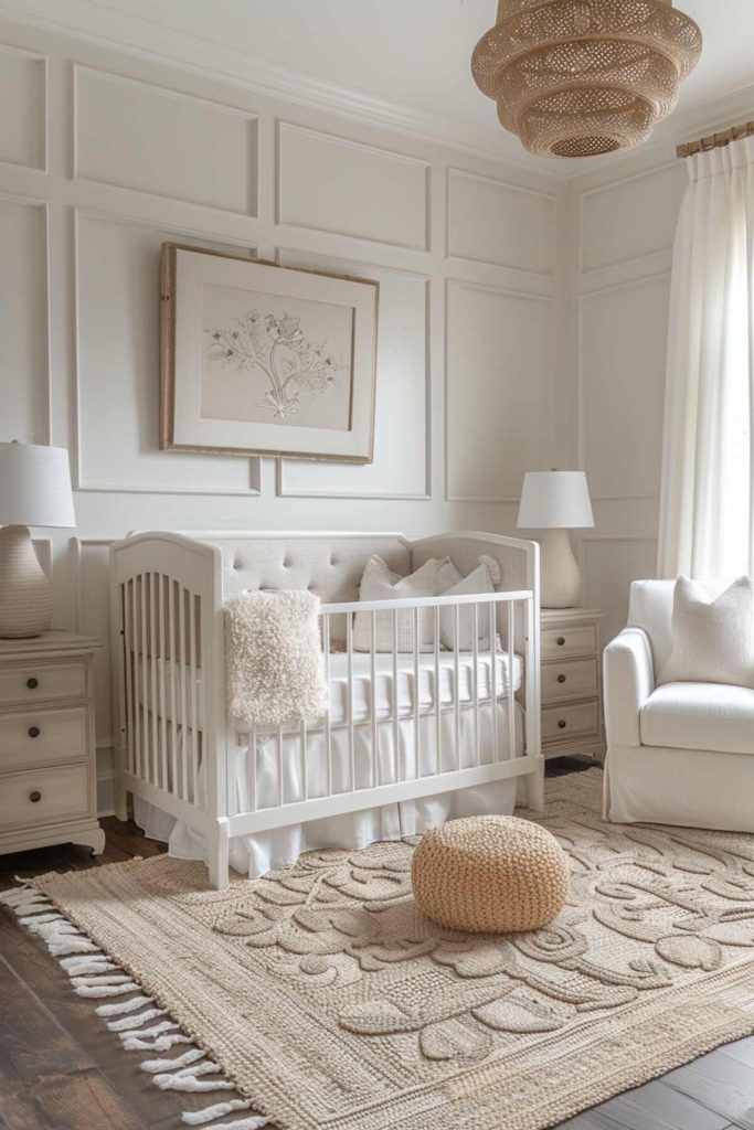 a neutral children's room with a white crib