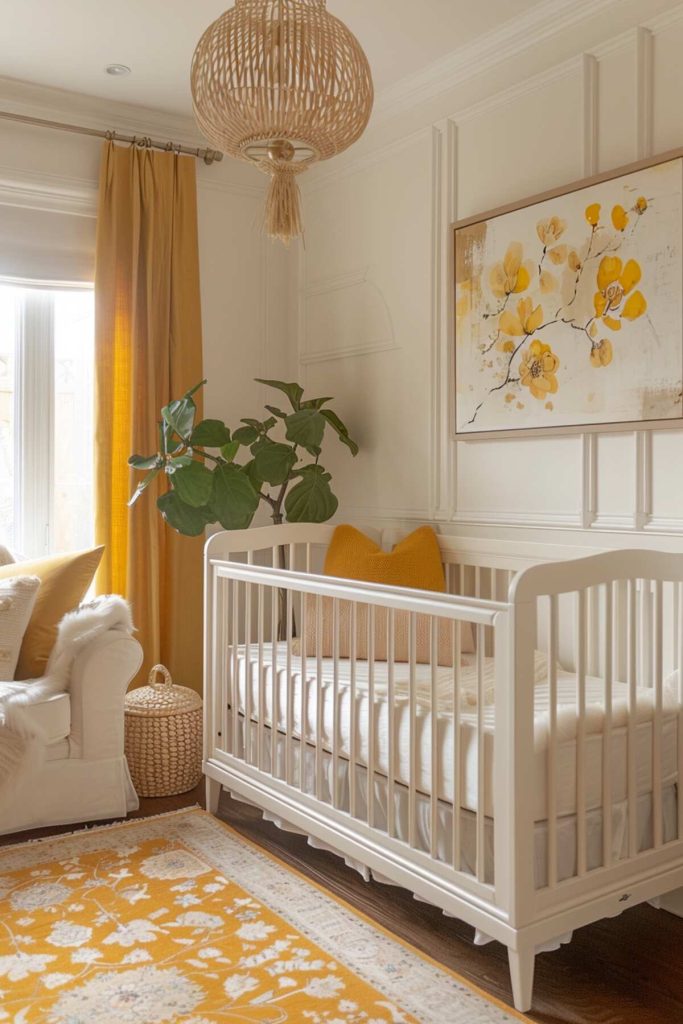 A nursery with bright, sunny accents and bold yellow accents against a calming, neutral backdrop