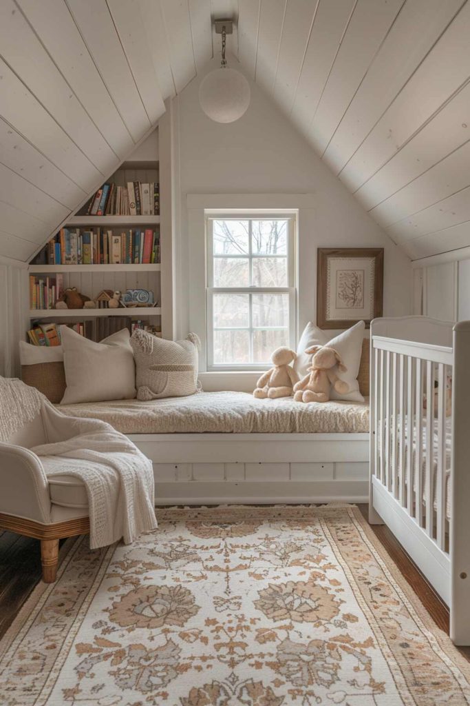 a children's room with a cozy corner with padded seating and book storage