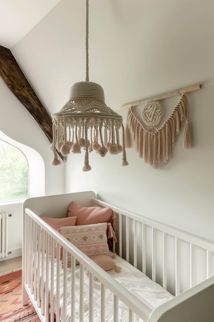 a children's room with macrame cot mobile and wall hanging