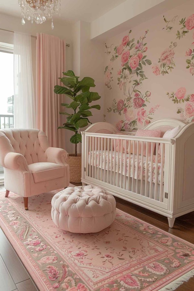 A nursery with walls in the color pink lemonade offers sweetness and light complemented by soft, <a href=