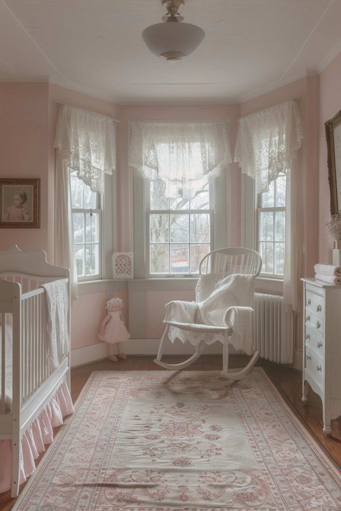 a child's room with an heirloom rocking chair and lace and antique toys