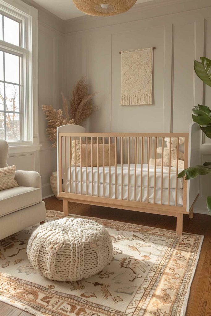 a children's room with clean lines and muted colors