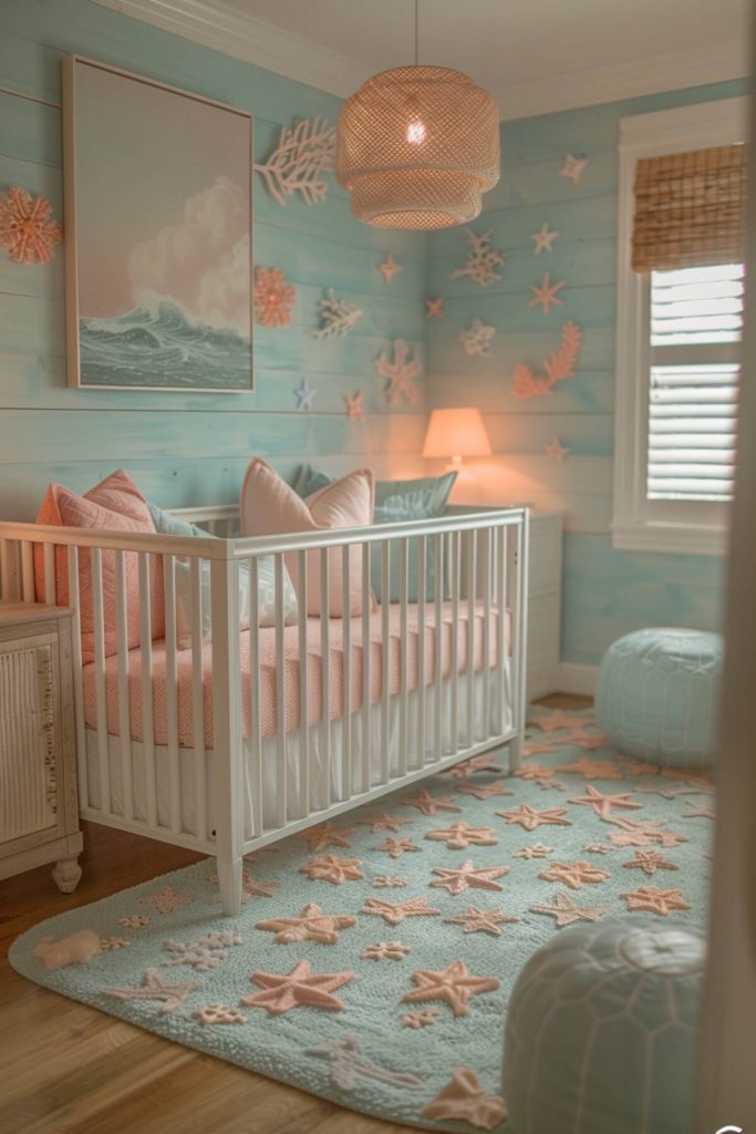 A nursery with aquatic hues that permeate the room, creating a calming oceanic scene