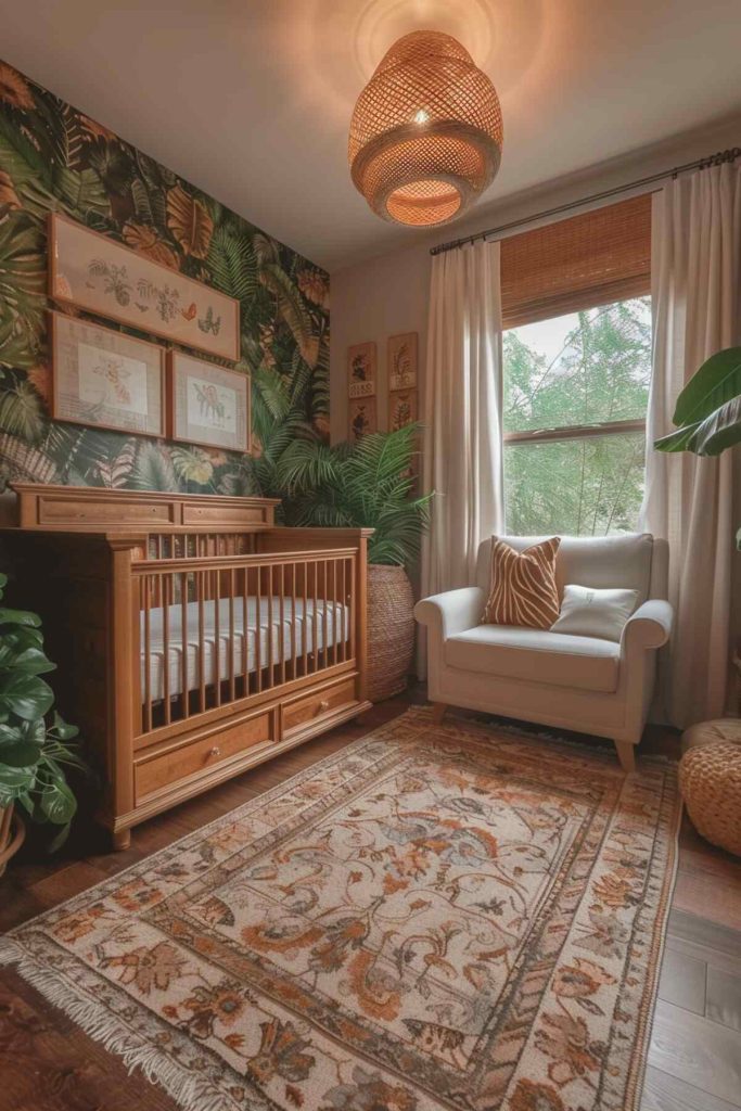 A child's room with an ornate mirror reflects a world of multicolored wildflower wallpaper