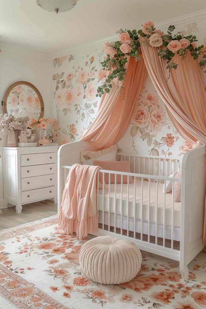 a nursery with soft peach tones paired with rose stickers, a perfect peachy pink blanket and a bed canopy