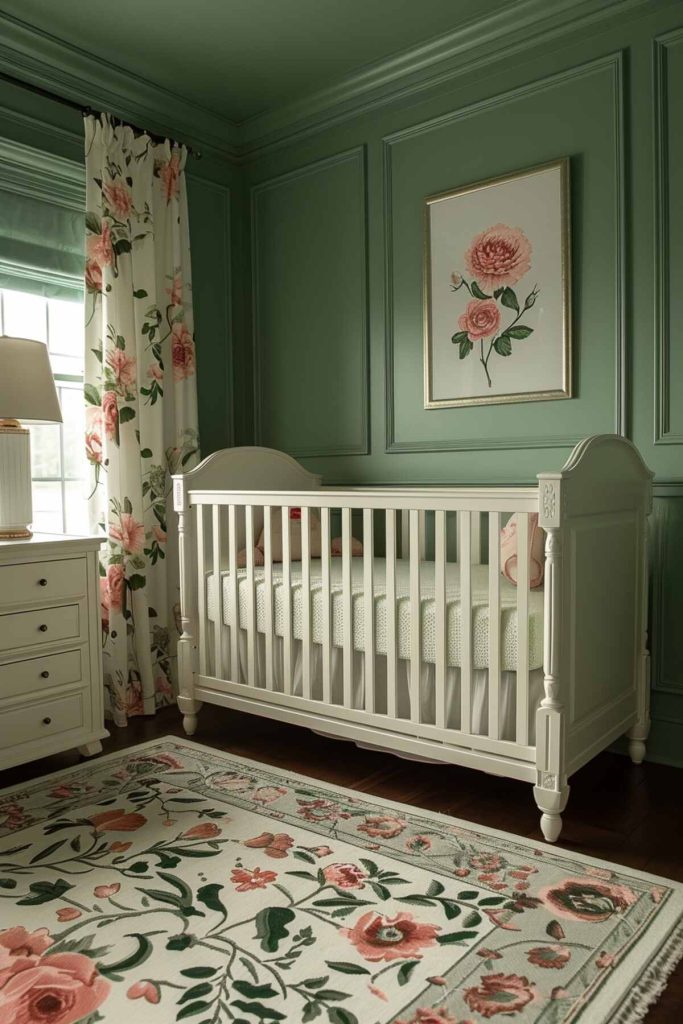 a garden-style nursery with shades of green and floral motifs