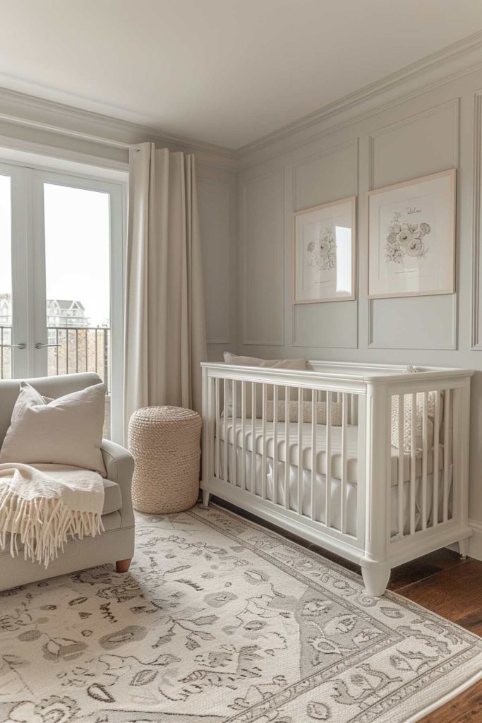 a children's room with soft gray carpet and cream walls