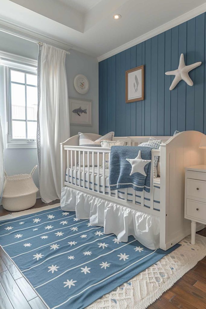 a children's room with nautical stripes and maritime accents