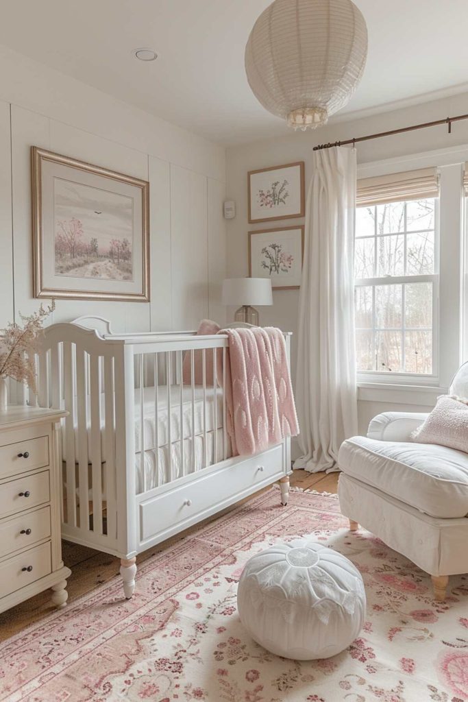 a children's room with white furniture against a background of soft colors