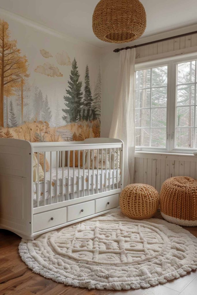 A forest mural featured in this enchanted forest nursery