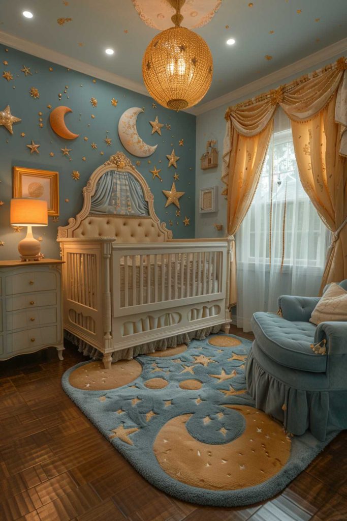 A children's room with a ceiling decorated with stars and clouds opens up the night sky and matches the fun mobile with moons and stars