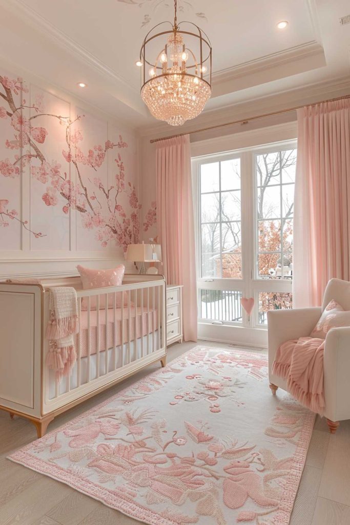 a pink children's room combined with gold accents