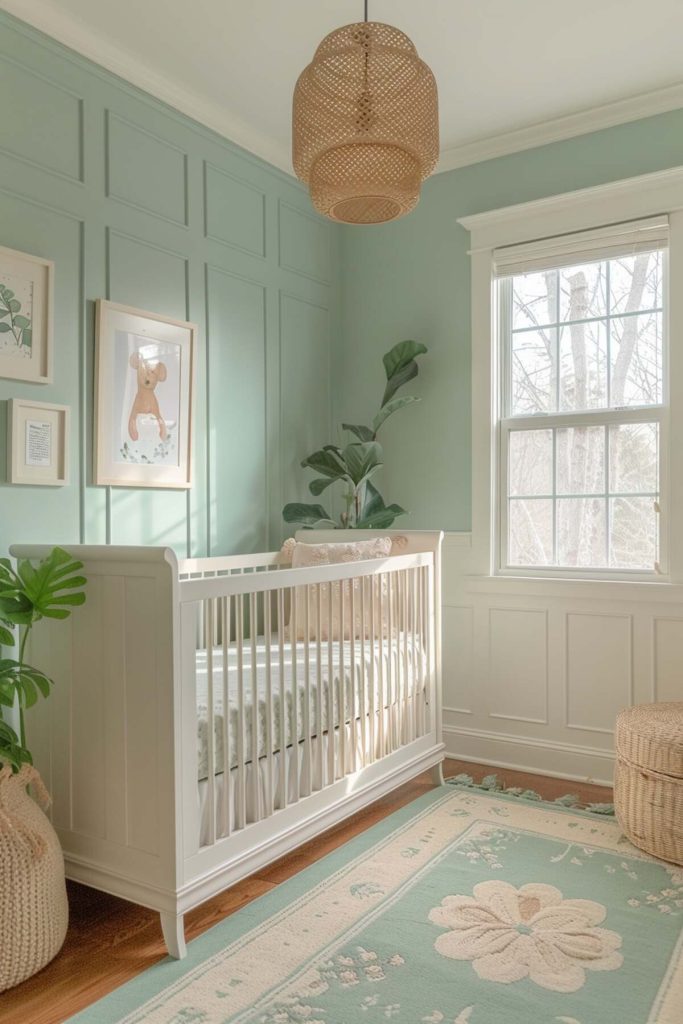 A children's room with mint green walls that works well with both bold and neutral accessories