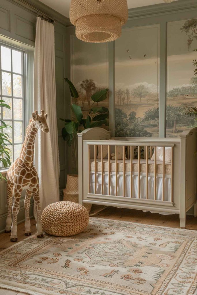 a safari-themed nursery with a safari mural and earth tones, plus a plush giraffe standing guard next to the crib