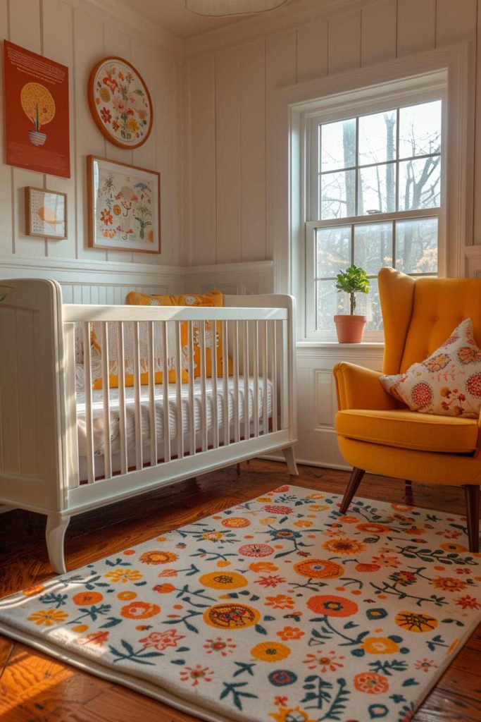 a children's room with retro patterns and vintage posters