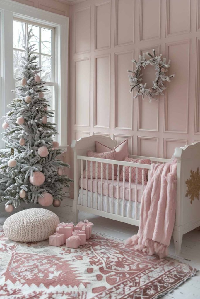 a children's room with winter tones and fluffy textures and a Christmas tree next to the crib