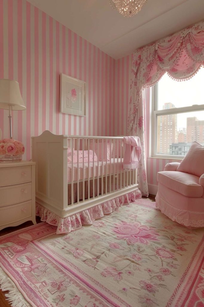 a children's room with candy-striped walls and soft furnishings