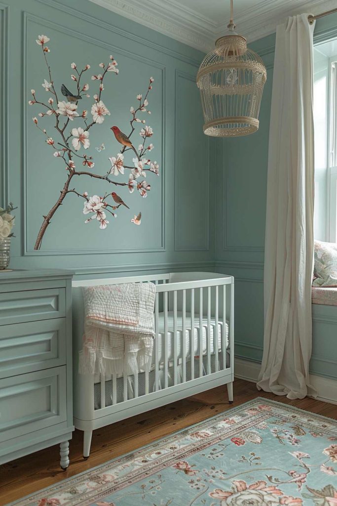 a children's room with bird motifs fluttering around the room and a delicate birdcage ceiling lamp 