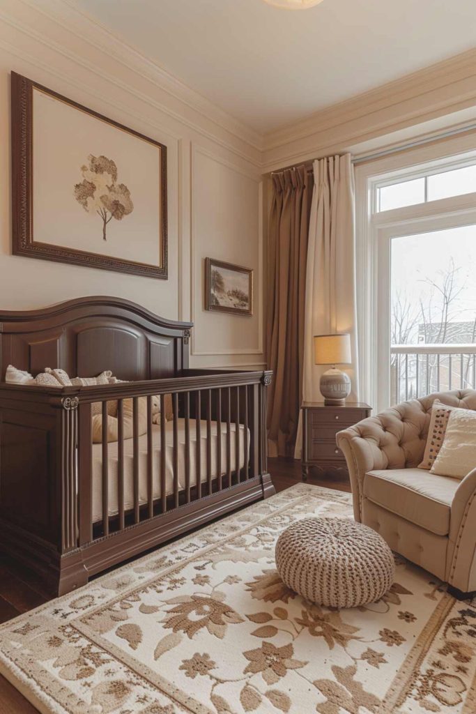 Rich chocolate-colored furniture anchors a child's room, complemented by vanilla-colored accents