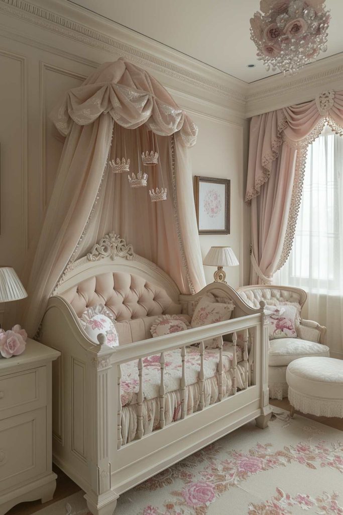 A girls' nursery with a stunning combination of roses and crowns, as well as a transparent canopy and a mobile with crowns above the crib