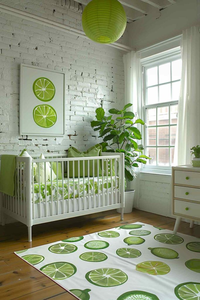 a nursery with vibrant lime accents against a predominantly white room