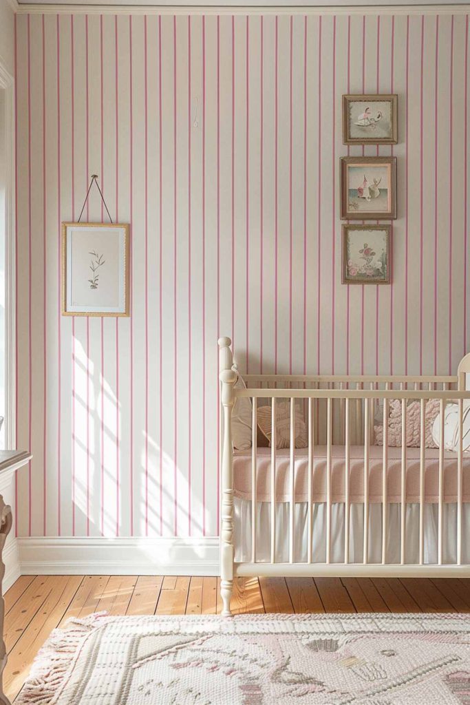 A nursery with pinstripe details that add a preppy touch