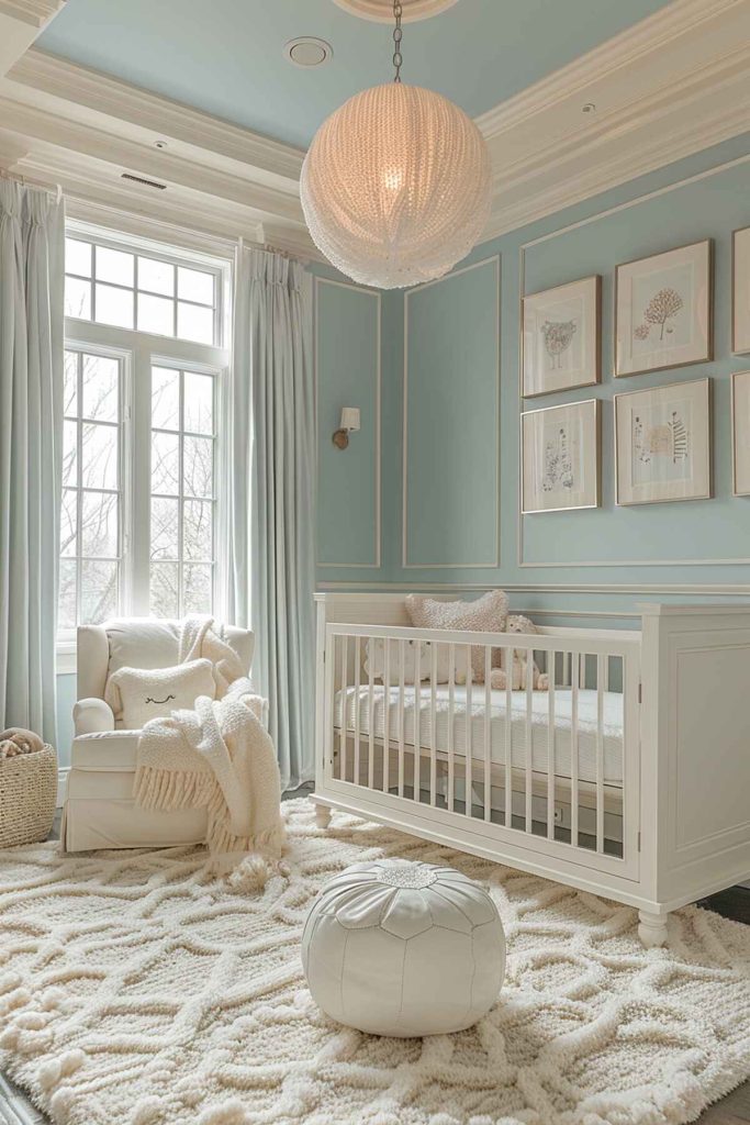 a children's room in ice blue tones with a touch of frosty elegance