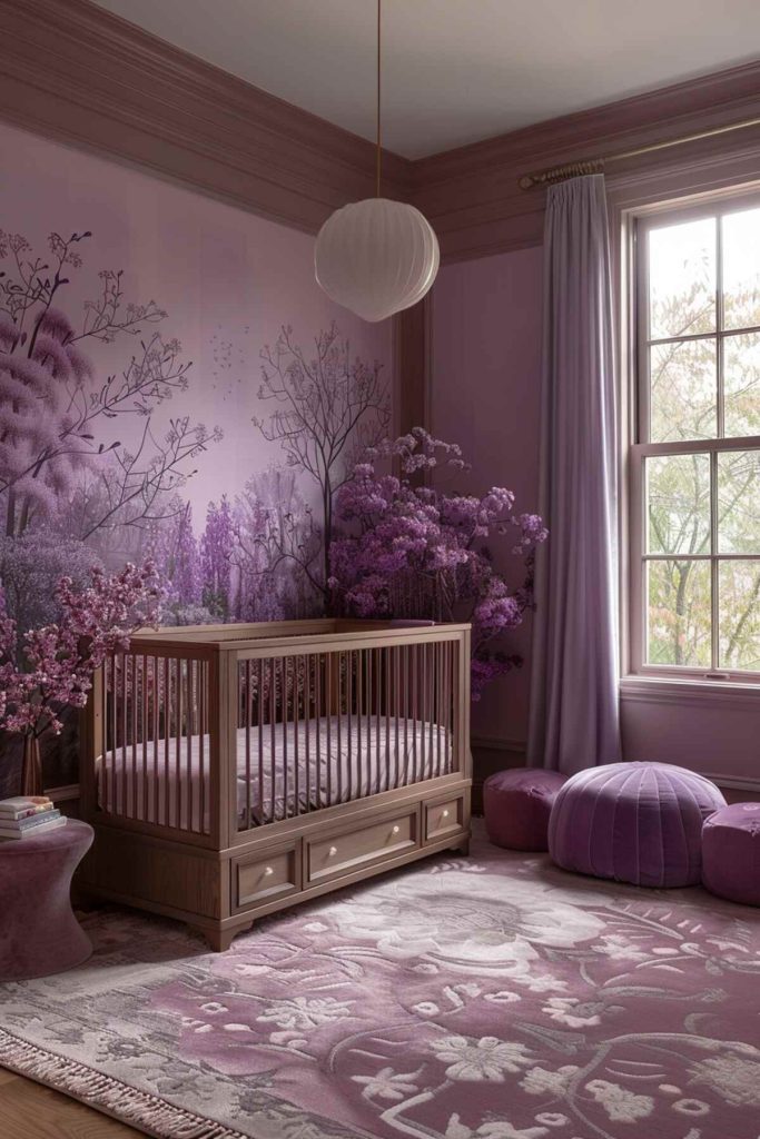 a nursery with purple walls with accents in deeper shades of purple