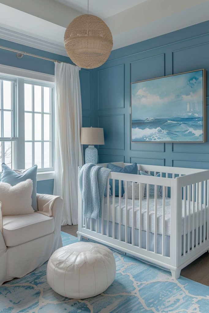 a children's room with shades of blue and a water artwork