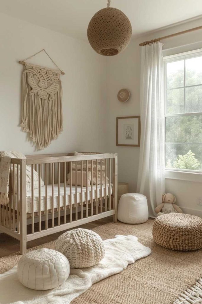 A macrame wall over a natural wooden bed creates a calm atmosphere in your child's room. The soft textures and earth tones embody boho chic.